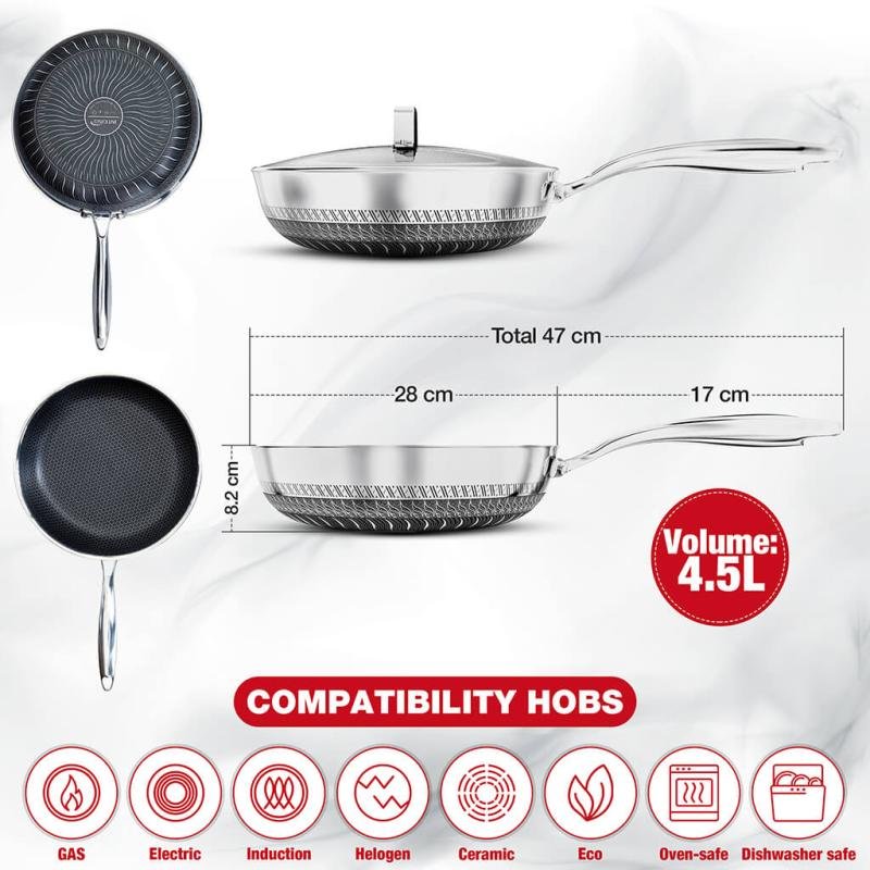 Stainless Steel Deep Frying Pan with Lid - 4.5 Liter